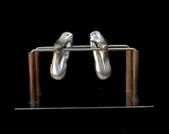 Vintage Sculptural Trapeze Salt and Pepper Shakers on Stand by South African Artist Carrol Boyes Pewter Wood and Stainless Steel