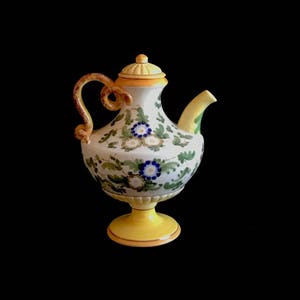 Vintage Italian Ceramic Pottery Classical Neoclassical Hand Painted Urn Pitcher Ewer with Floral Theme and Swirl Handle Italy 1950s image 1