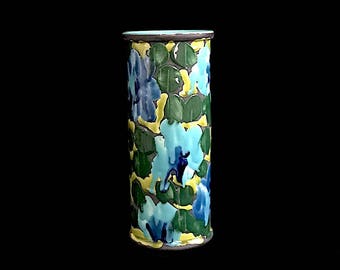 Vintage Mid Century Modern Italian Pottery Ceramic Vase Raymor Alvino Bagni Floral Theme Heavy Glaze Green Aqua 1960s