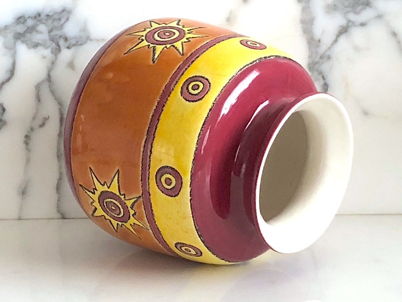 Vintage Modern Artesa Art Studio Pottery Eduardo Vega of Cuenca Ecuador Modernist Vase Ceramica Vega Ceramic Orange Yellow Burgundy Glaze