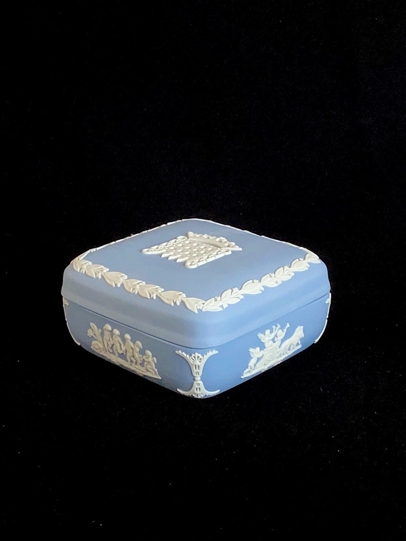 Vintage Wedgwood Blue & White Jasperware SQUARE Trinket Box w Lid Neoclassical Scenes England English Porcelain Jasper Ware image 1