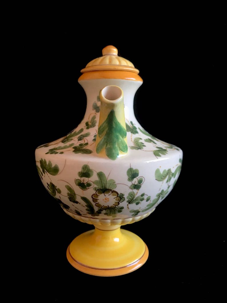 Vintage Italian Ceramic Pottery Classical Neoclassical Hand Painted Urn Pitcher Ewer with Floral Theme and Swirl Handle Italy 1950s image 5