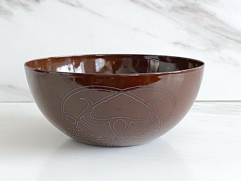 Vintage Mid Century Modern Enameled Bowl Brown w/ White Design 7 7/8 Diameter Cathrineholm Finel Scandinavian Enamelware TWO AVAILABLE image 1