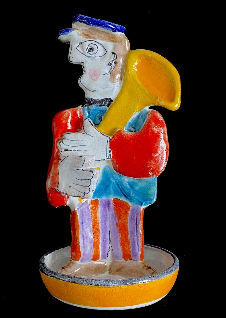 Vintage Italian Pottery Desimone Band Horn Player Sculpture Figure Italy 8.5 Tall with Base Bowl image 7