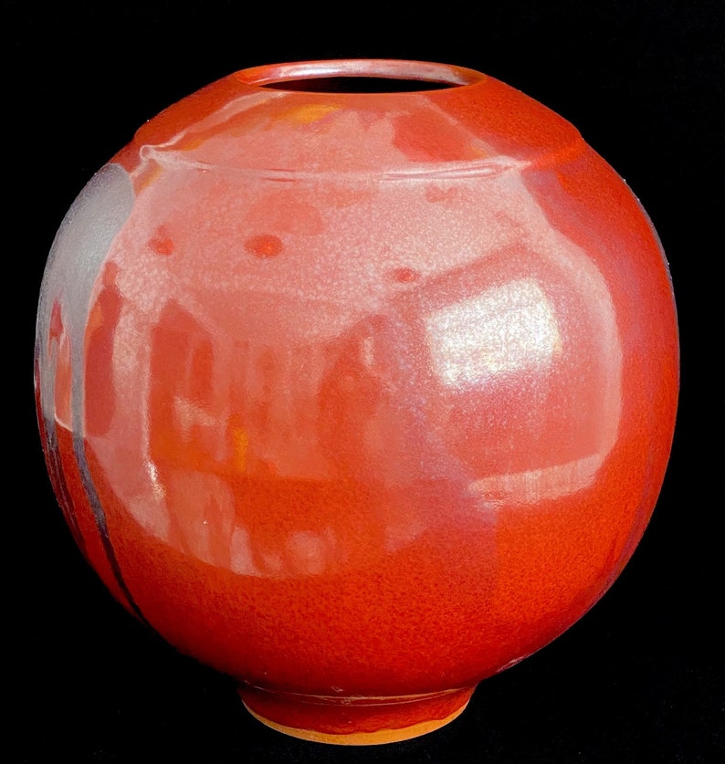 Large 12 Vintage Japanese Bulbous Ball Vessel Pottery Vase w Metallic Reddish Brown Glaze w Drip Glaze Accent Larry Laszlo for Mikasa 1980s image 7