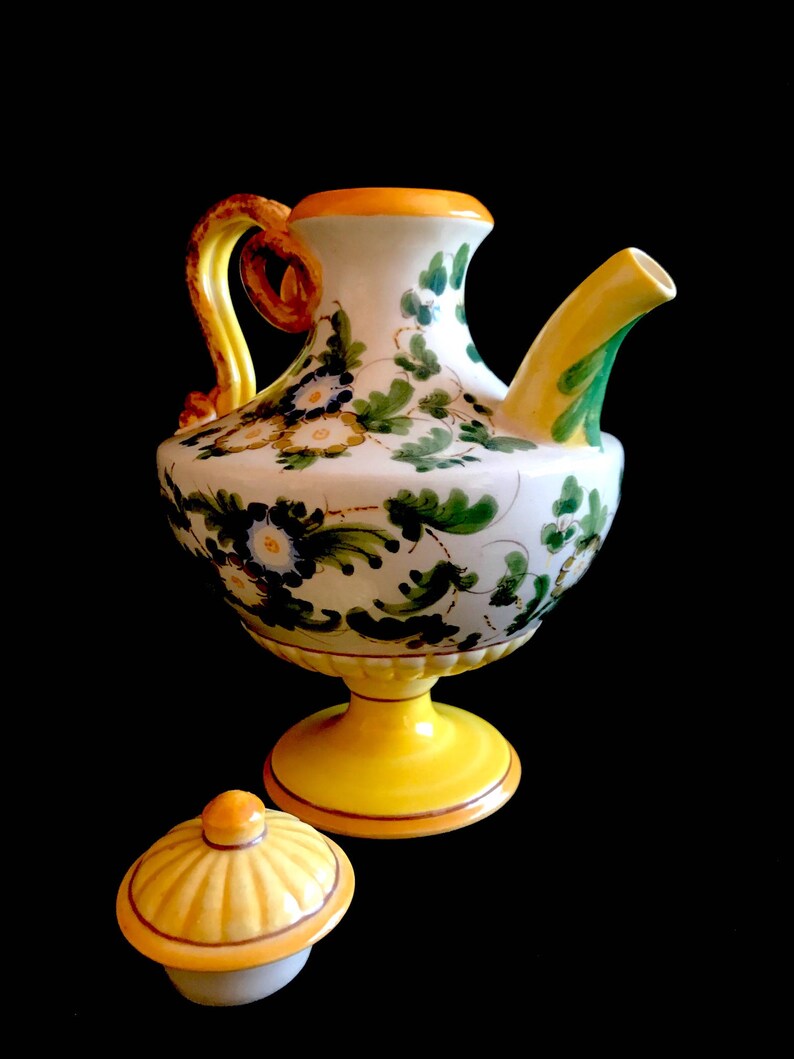Vintage Italian Ceramic Pottery Classical Neoclassical Hand Painted Urn Pitcher Ewer with Floral Theme and Swirl Handle Italy 1950s image 6