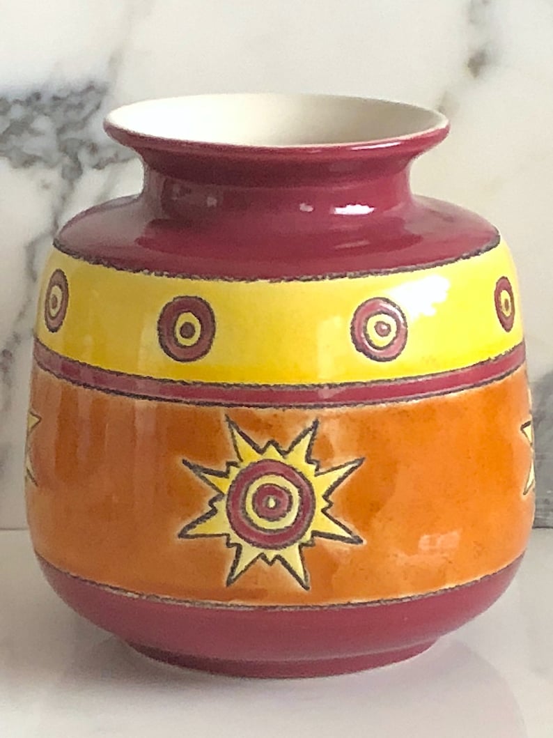 Vintage Modern Artesa Art Studio Pottery Eduardo Vega of Cuenca Ecuador Modernist Vase Ceramica Vega Ceramic Orange Yellow Burgundy Glaze