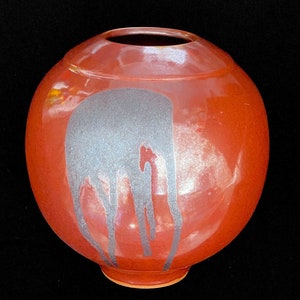 Large 12 Vintage Japanese Bulbous Ball Vessel Pottery Vase w Metallic Reddish Brown Glaze w Drip Glaze Accent Larry Laszlo for Mikasa 1980s image 10