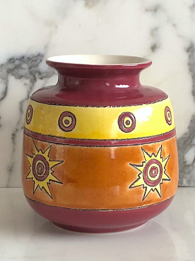 Vintage Modern Artesa Art Studio Pottery Eduardo Vega of Cuenca Ecuador Modernist Vase Ceramica Vega Ceramic Orange Yellow Burgundy Glaze