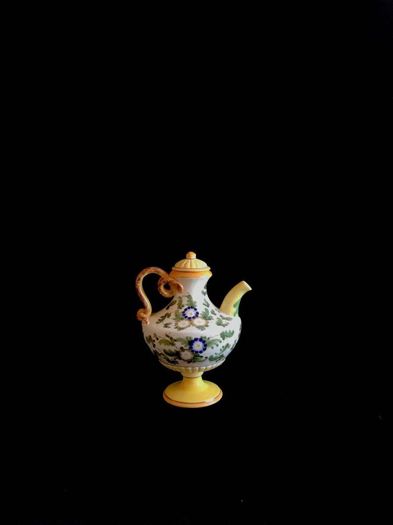 Vintage Italian Ceramic Pottery Classical Neoclassical Hand Painted Urn Pitcher Ewer with Floral Theme and Swirl Handle Italy 1950s image 1