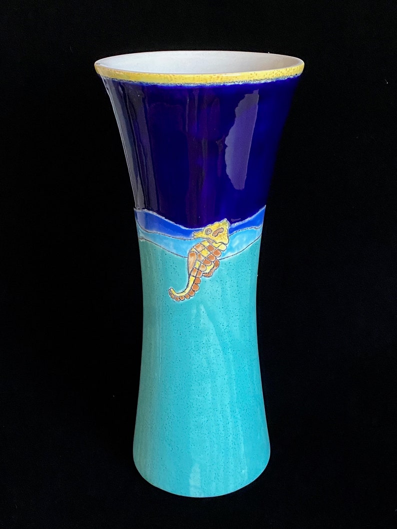 Vintage Modern Artesa 14 TALL Art Studio Pottery Eduardo Vega of Cuenca Ecuador Modernist Sea Theme CARIBE Vase w Shell and Starfish image 7