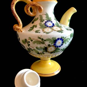 Vintage Italian Ceramic Pottery Classical Neoclassical Hand Painted Urn Pitcher Ewer with Floral Theme and Swirl Handle Italy 1950s image 7