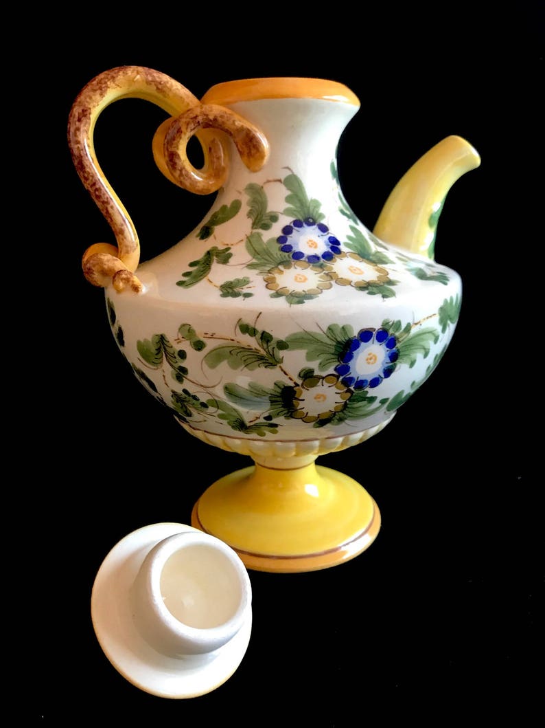 Vintage Italian Ceramic Pottery Classical Neoclassical Hand Painted Urn Pitcher Ewer with Floral Theme and Swirl Handle Italy 1950s image 7