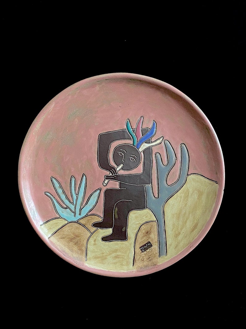 Vintage Modern Studio Art Pottery Ceramic Stoneware 12 Decorative Plate by Artist Mara of Mexico Mexican Modernist Pottery Art image 4