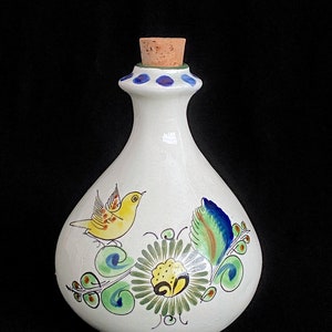 Vintage Modernist Mexican Tonala Art Pottery Hand Painted Bottle Jar Jug with Bird & Floral Scene 5.75 Tall Artist Signed CAT image 2