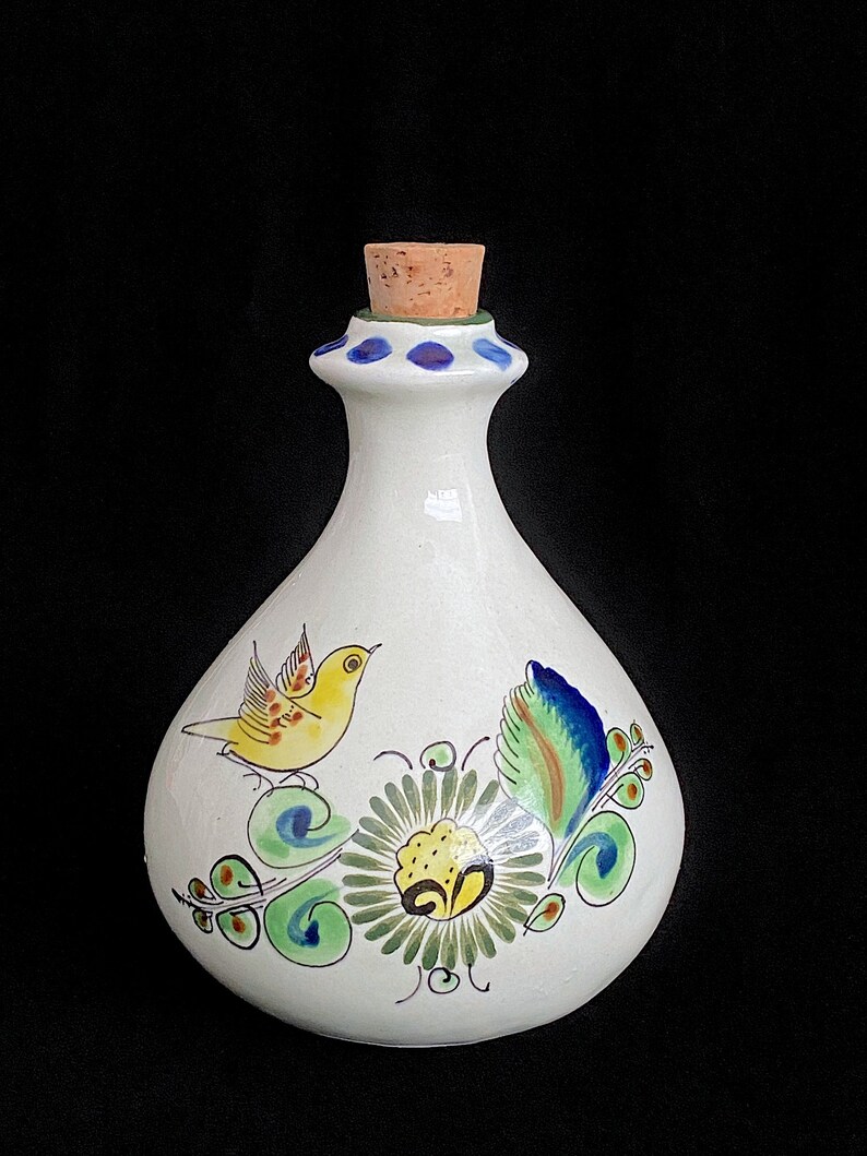 Vintage Modernist Mexican Tonala Art Pottery Hand Painted Bottle Jar Jug with Bird & Floral Scene 5.75 Tall Artist Signed CAT image 2