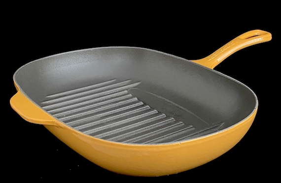 Vintage French Le Creuset Yellow Enameled Cast Iron Grill Pan Skillet 12.5  Enamel France 