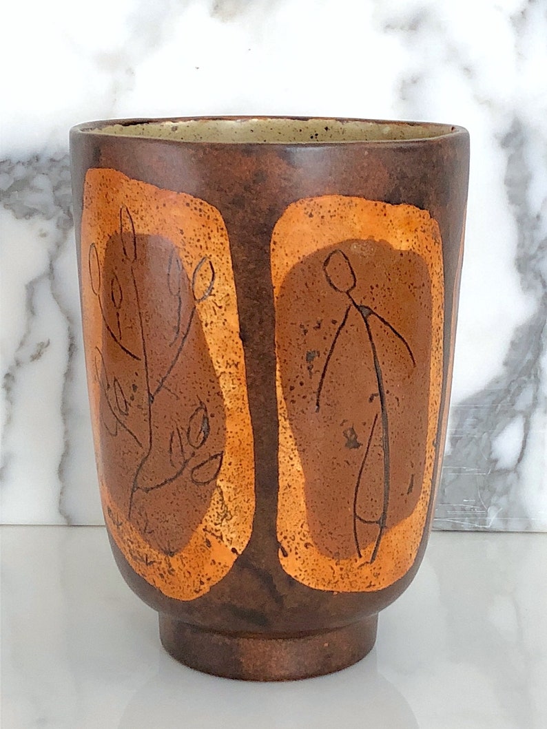 Plants and Animal Drawings Brown /& Orange Glazes 7 20th Century 1970s Vintage Mid Century Modern Art Pottery Ceramic Vase w Stick People