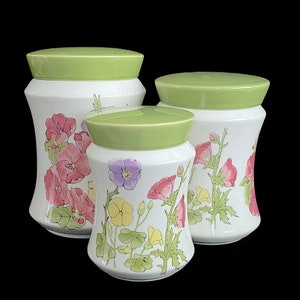 Vintage Mid Century Modern Ernestine of Italy Set of 3 Ceramic Canisters Jars with Lids Italian Pottery with Floral Scenes image 7