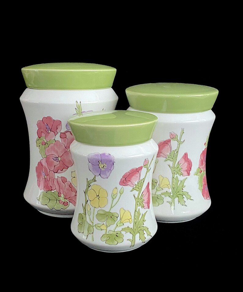 Vintage Mid Century Modern Ernestine of Italy Set of 3 Ceramic Canisters Jars with Lids Italian Pottery with Floral Scenes image 7