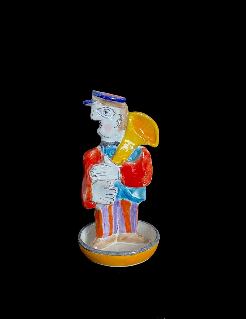 Vintage Italian Pottery Desimone Band Horn Player Sculpture Figure Italy 8.5 Tall with Base Bowl image 1