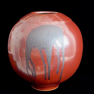Large 12 Vintage Japanese Bulbous Ball Vessel Pottery Vase w Metallic Reddish Brown Glaze w Drip Glaze Accent Larry Laszlo for Mikasa 1980s image 2