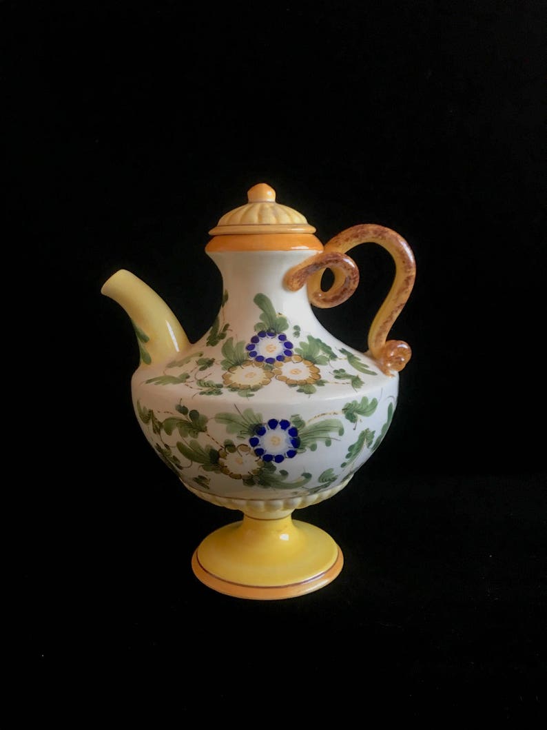 Vintage Italian Ceramic Pottery Classical Neoclassical Hand Painted Urn Pitcher Ewer with Floral Theme and Swirl Handle Italy 1950s image 3