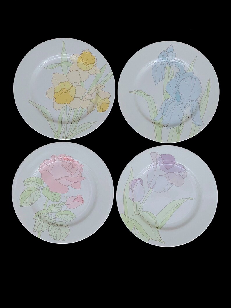 Vintage 1970s Modern Luncheon Set of 4 SPRING GARDEN Plates and Mugs Cups Fitz and Floyd Japan Japanese image 7