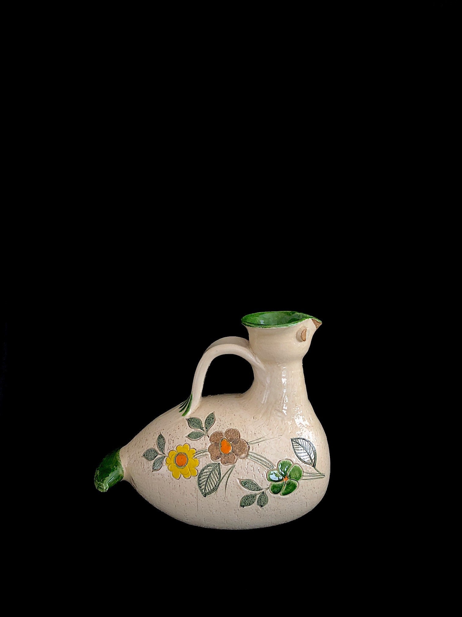 Vintage Mid Century Modern MONUMENTAL LARGE Italian Pottery Aldo Londi Bitossi Hen Pitcher Vase with Floral Design Italy Ceramic 1960s