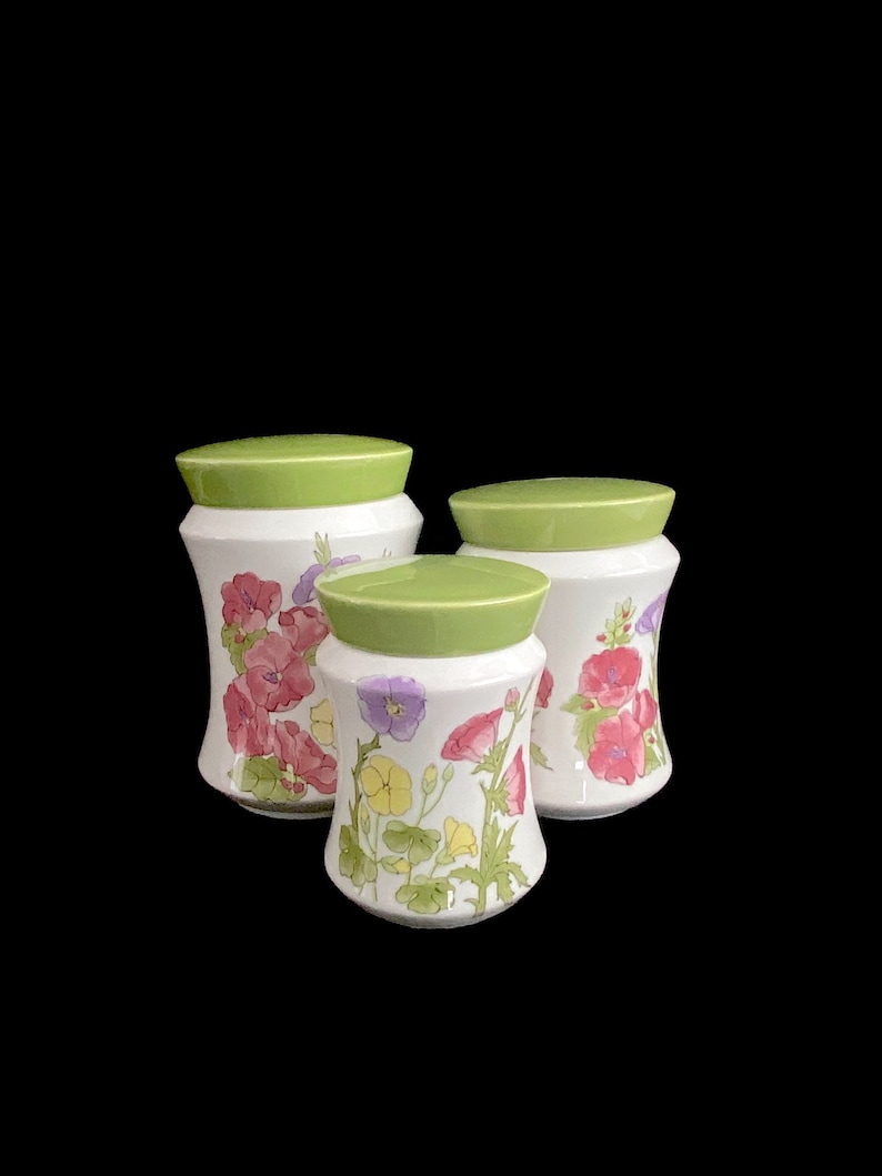 Vintage Mid Century Modern Ernestine of Italy Set of 3 Ceramic Canisters Jars with Lids Italian Pottery with Floral Scenes image 1