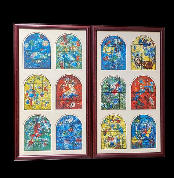 Vintage Set of 12 Framed JERUSALEM WINDOWS Prints by Marc Chagall