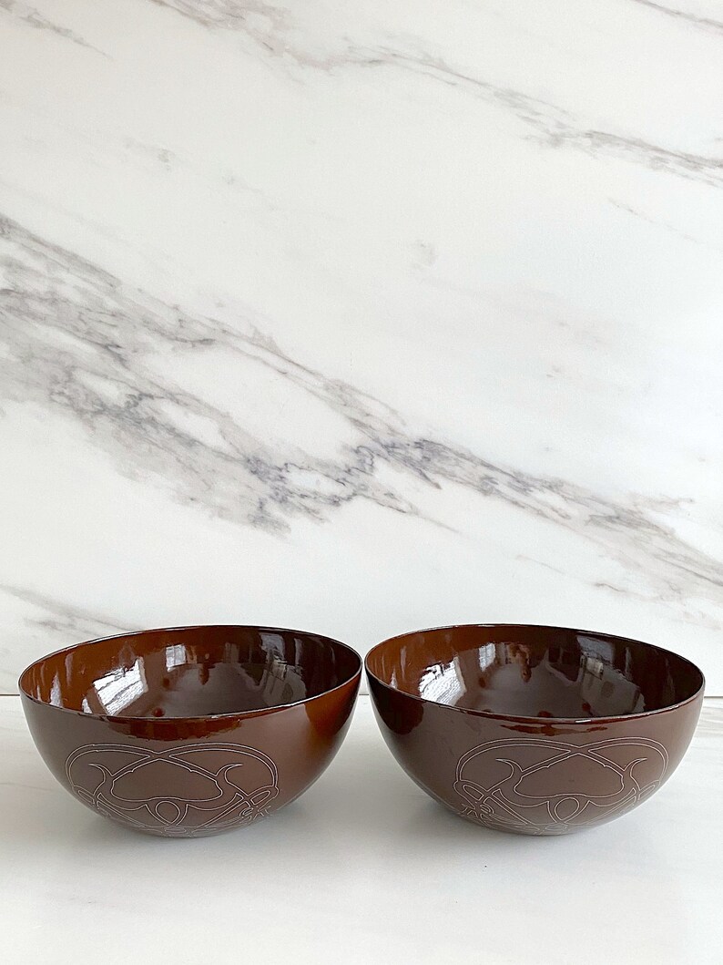 Vintage Mid Century Modern Enameled Bowl Brown w/ White Design 7 7/8 Diameter Cathrineholm Finel Scandinavian Enamelware TWO AVAILABLE image 5