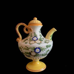 Vintage Italian Ceramic Pottery Classical Neoclassical Hand Painted Urn Pitcher Ewer with Floral Theme and Swirl Handle Italy 1950s image 2