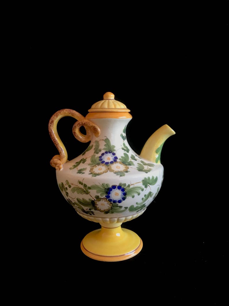 Vintage Italian Ceramic Pottery Classical Neoclassical Hand Painted Urn Pitcher Ewer with Floral Theme and Swirl Handle Italy 1950s image 2