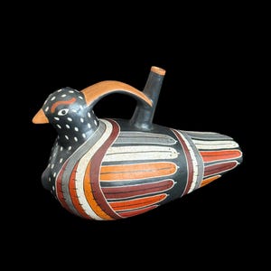 Vintage Hand Painted Ceramic Pottery Bird Art Vessel from Peru Signed , marked, and stamped Ministerior de Cultura