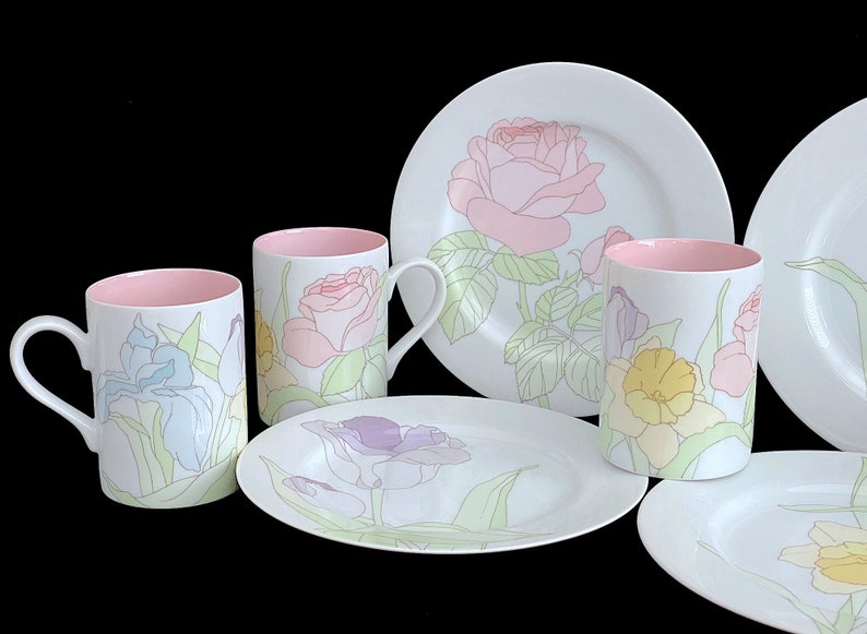 Vintage 1970s Modern Luncheon Set of 4 SPRING GARDEN Plates and Mugs Cups Fitz and Floyd Japan Japanese image 3