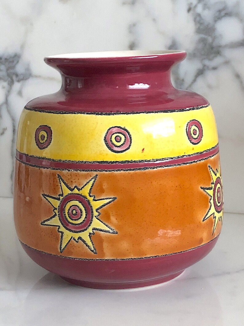 Vintage Modern Artesa Art Studio Pottery Eduardo Vega of Cuenca Ecuador Modernist Vase Ceramica Vega Ceramic Orange Yellow Burgundy Glaze