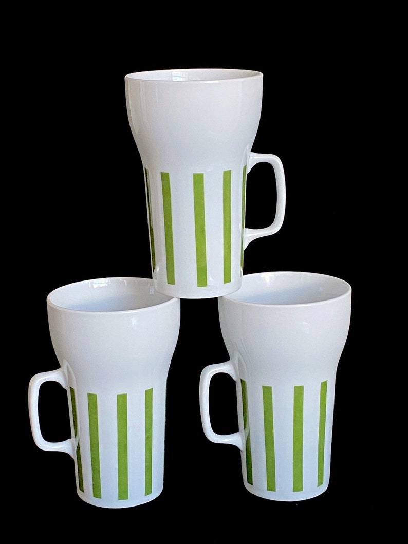 Set of 3 Vintage Mid century Modern Lagardo Tacket Schmid Porcelain Tall Mugs Green and White image 3