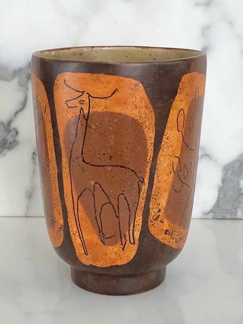 Plants and Animal Drawings Brown /& Orange Glazes 7 20th Century 1970s Vintage Mid Century Modern Art Pottery Ceramic Vase w Stick People