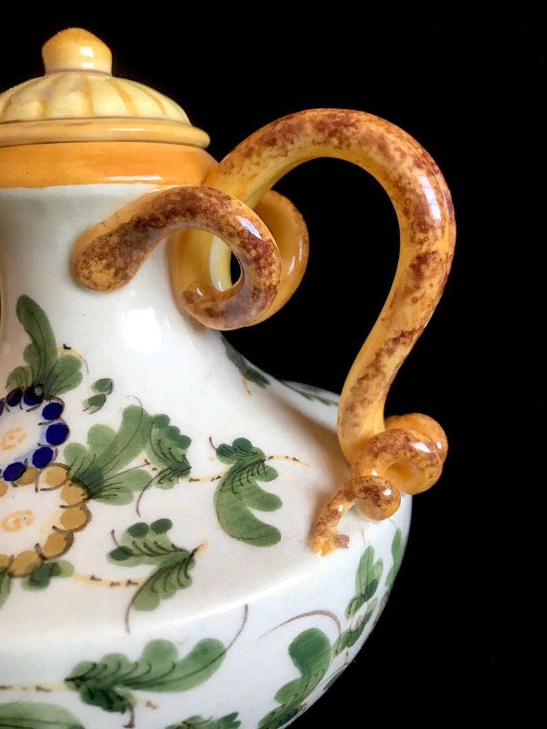 Vintage Italian Ceramic Pottery Classical Neoclassical Hand Painted Urn Pitcher Ewer with Floral Theme and Swirl Handle Italy 1950s image 4