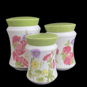 Vintage Mid Century Modern Ernestine of Italy Set of 3 Ceramic Canisters Jars with Lids Italian Pottery with Floral Scenes image 2