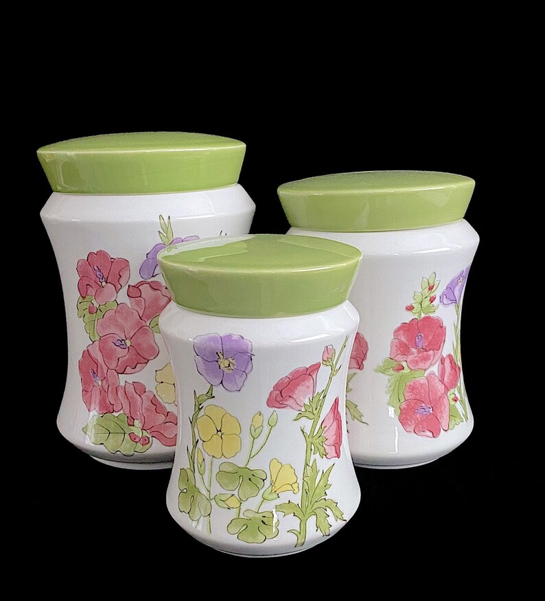 Vintage Mid Century Modern Ernestine of Italy Set of 3 Ceramic Canisters Jars with Lids Italian Pottery with Floral Scenes image 2