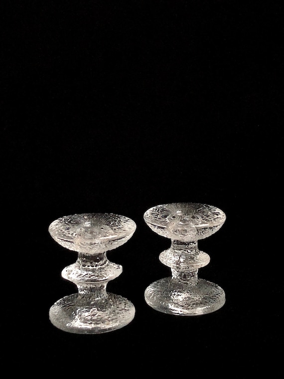 Vintage Pair Mid Century Modern Iittala of Finland Art Glass FESTIVO 1 Tier Model Candleholders Timo Sarpaneva Finnish Iconic Design 1970s