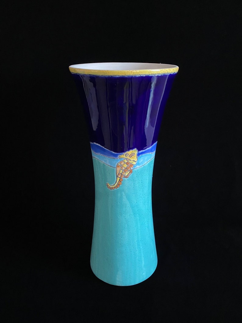 Vintage Modern Artesa 14 TALL Art Studio Pottery Eduardo Vega of Cuenca Ecuador Modernist Sea Theme CARIBE Vase w Shell and Starfish image 2
