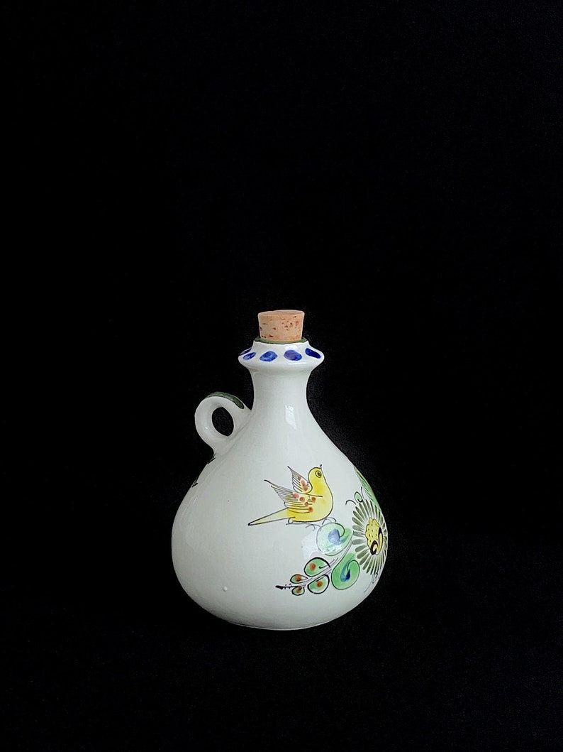 Vintage Modernist Mexican Tonala Art Pottery Hand Painted Bottle Jar Jug with Bird & Floral Scene 5.75 Tall Artist Signed CAT image 1