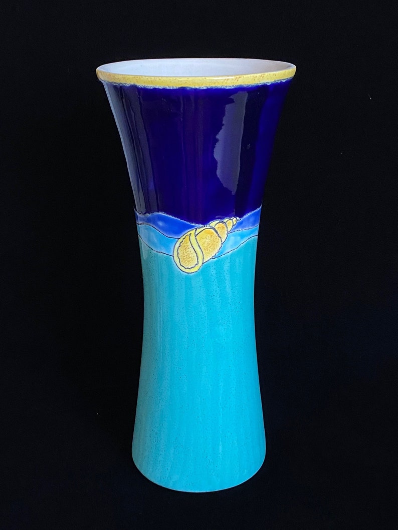 Vintage Modern Artesa 14 TALL Art Studio Pottery Eduardo Vega of Cuenca Ecuador Modernist Sea Theme CARIBE Vase w Shell and Starfish image 6