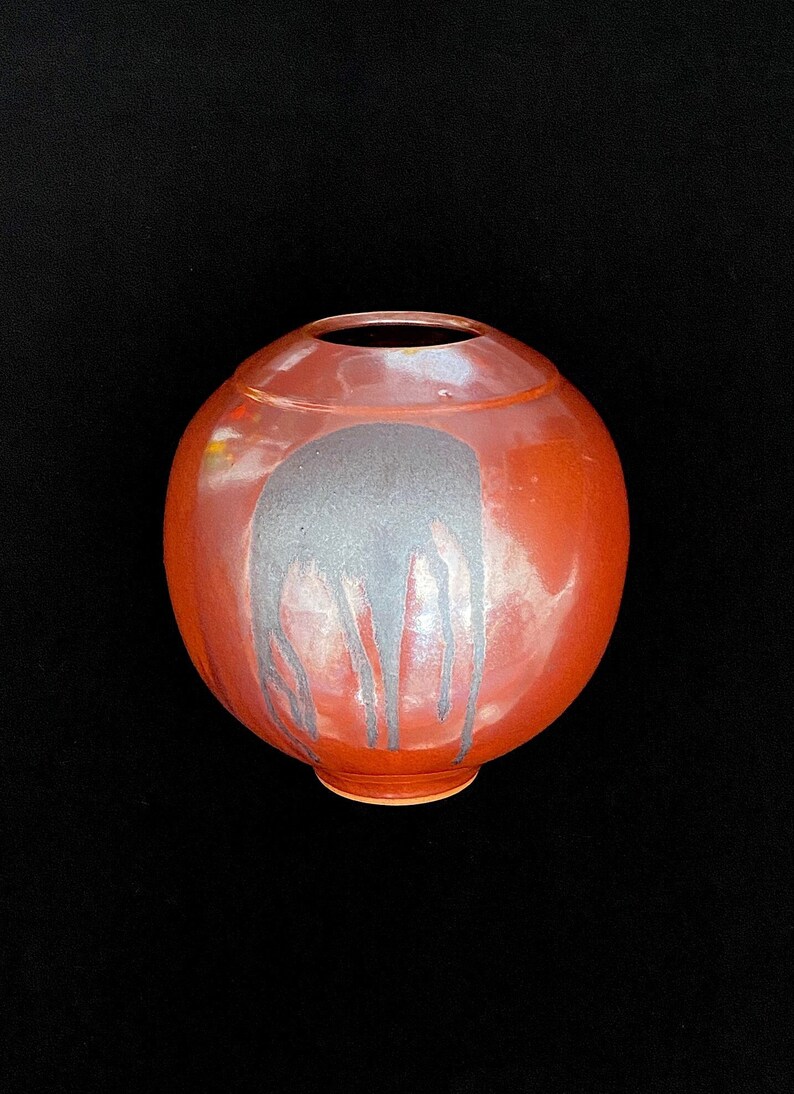 Large 12 Vintage Japanese Bulbous Ball Vessel Pottery Vase w Metallic Reddish Brown Glaze w Drip Glaze Accent Larry Laszlo for Mikasa 1980s image 1