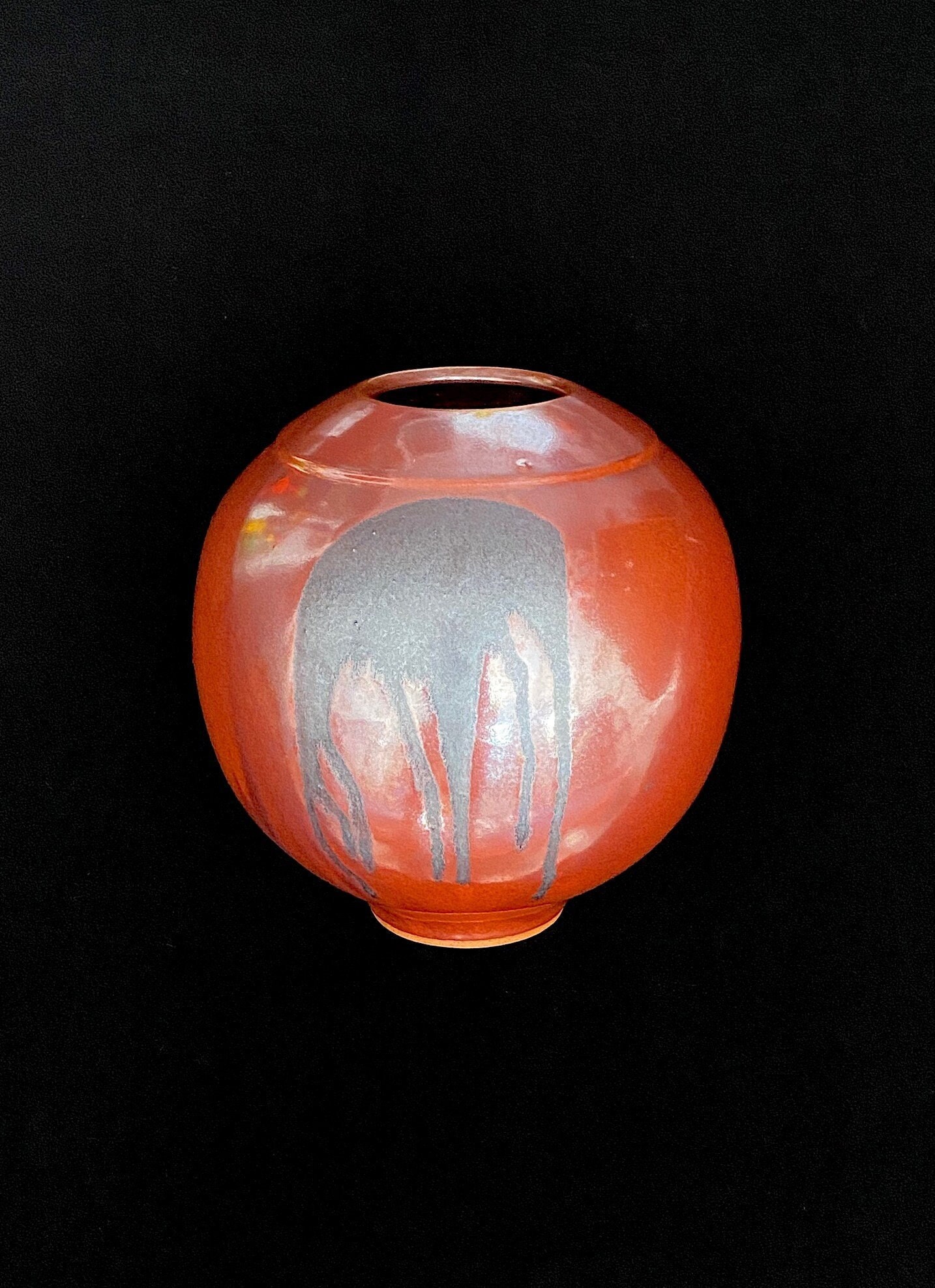 Large 12" Vintage Japanese Bulbous Ball Vessel Pottery Vase w Metallic Reddish Brown Glaze w Drip Glaze Accent Larry Laszlo for Mikasa 1980s