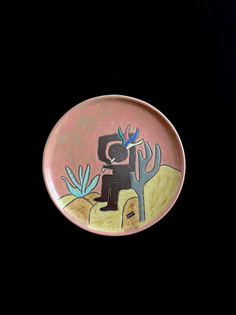 Vintage Modern Studio Art Pottery Ceramic Stoneware 12 Decorative Plate by Artist Mara of Mexico Mexican Modernist Pottery Art image 1