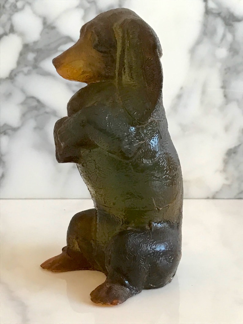 Vintage Modern Upright Dachshund Dog Acrylic Lucite Sculpture Figurine 6.75 with Translucent Amber /& Green Color Designcraft 1970s
